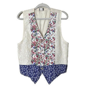Vintage Patchwork Lace Vest M Cottagecore Boho Phoebe Grunge Artsy Button USA